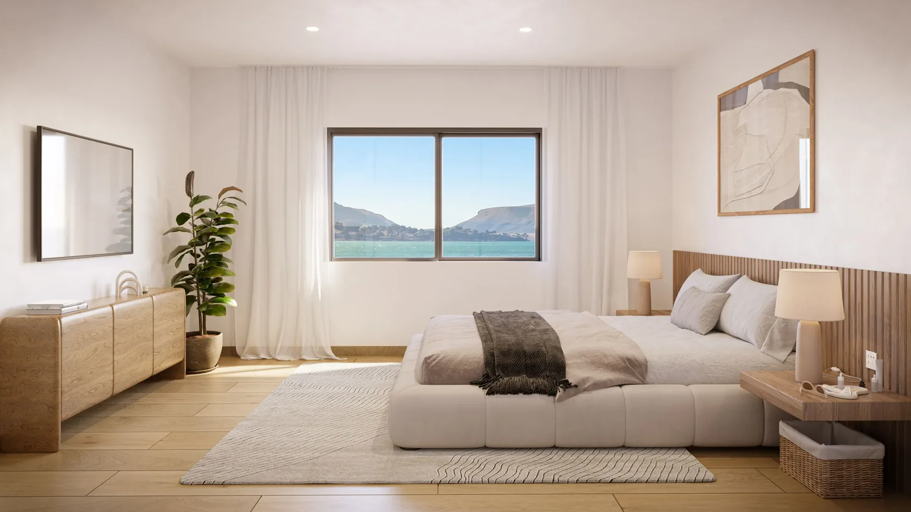Dormitorio de una unidad de Maihuenia con vista al lago y la montaña